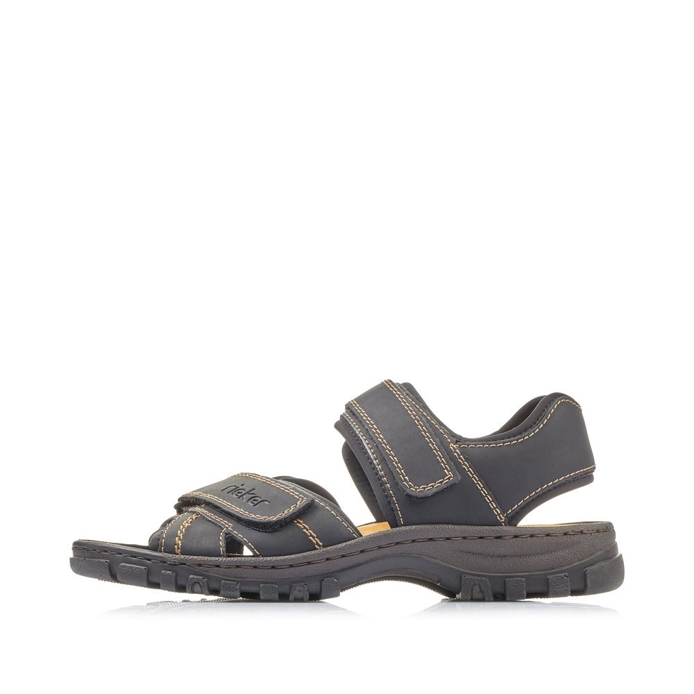Black Rieker men´s hiking sandals 25051-01 with a hook and loop fastener. Outside of the shoe.