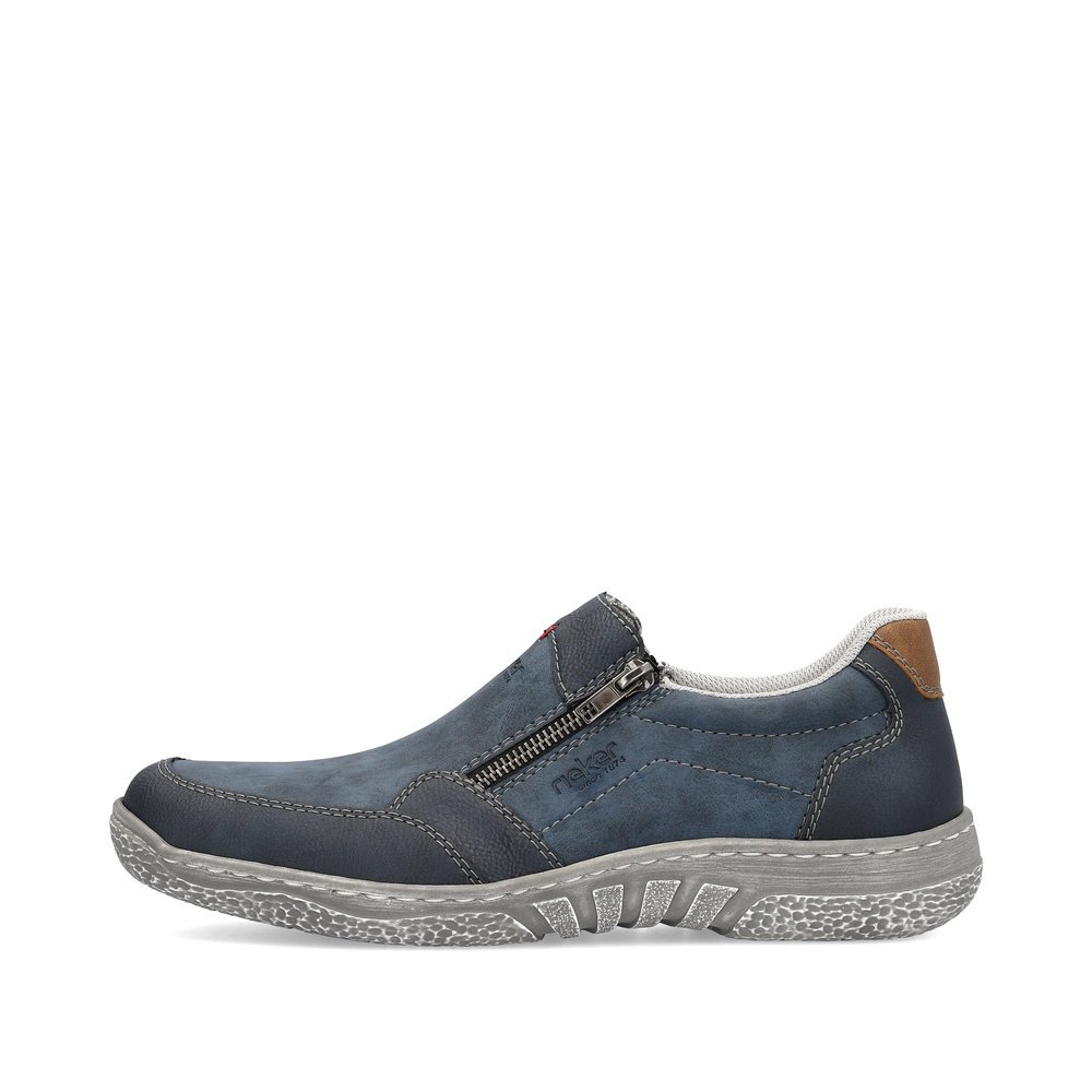 Rieker chaussons bleus pour hommes 03550-14 avec une fermeture éclair. Côté extérieur de la chaussure.