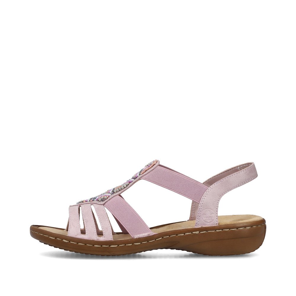Pastel pink Rieker women´s strap sandals 60801-30 with an elastic insert. Outside of the shoe.