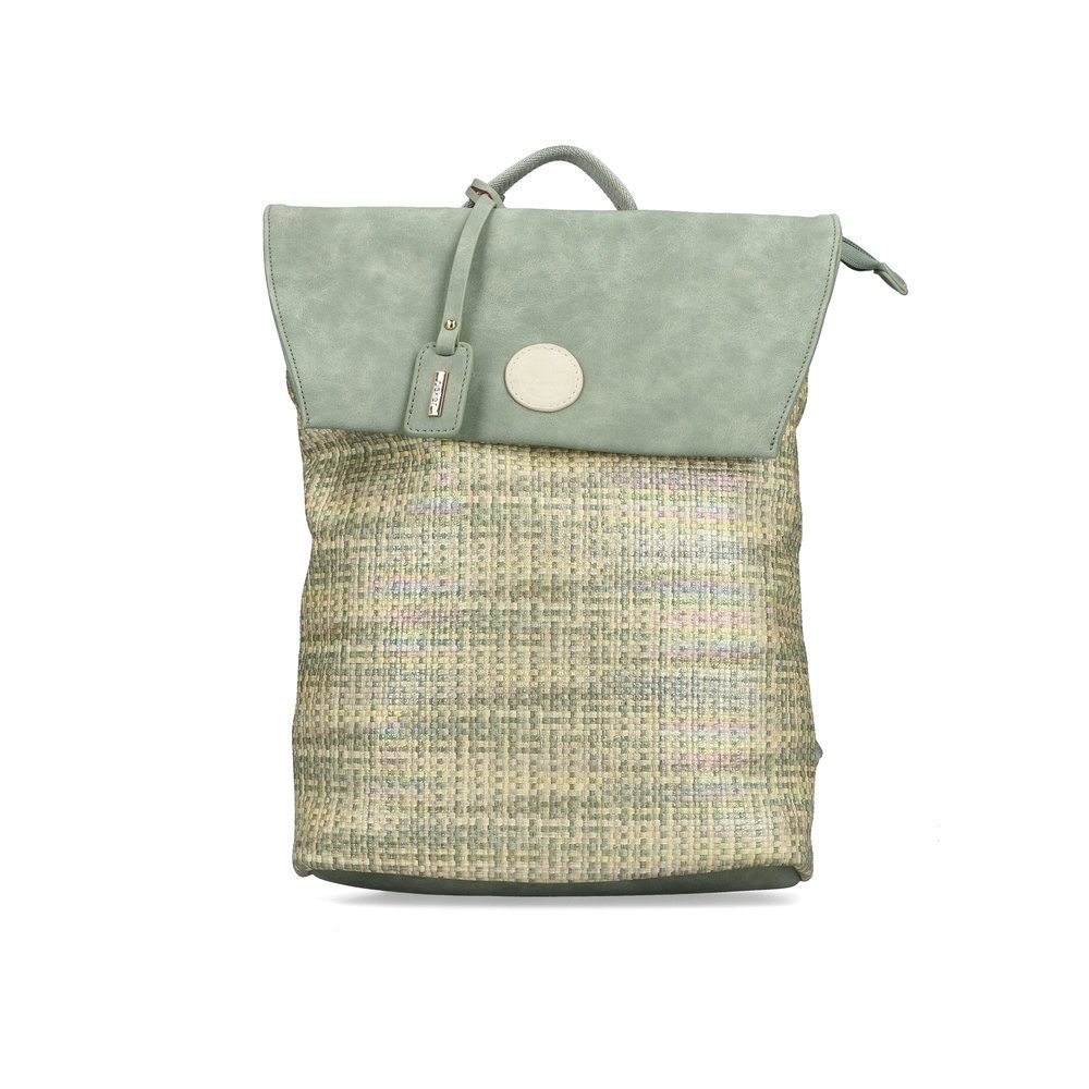 Rieker backpack H1386-52 in mint green with woven look, zipper and laptop pocket. Front.