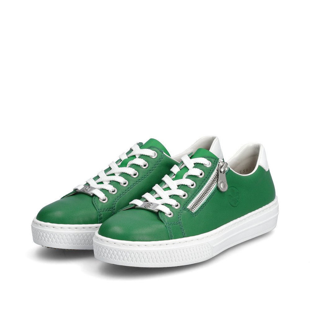 Grass green Rieker women´s low-top sneakers L59L1-52 with a zipper. Shoes laterally.