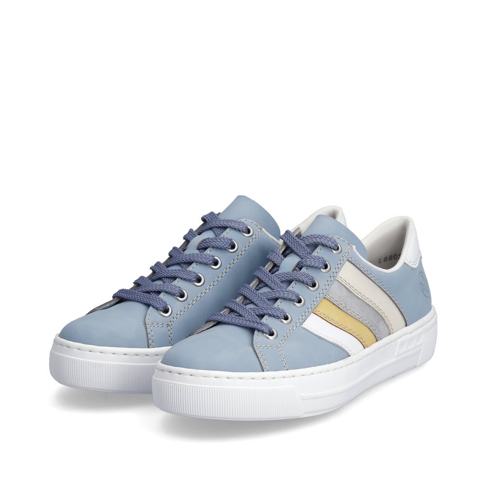 Blue Rieker women´s low-top sneakers L8802-10 with lacing as well as stripe pattern. Shoes laterally.