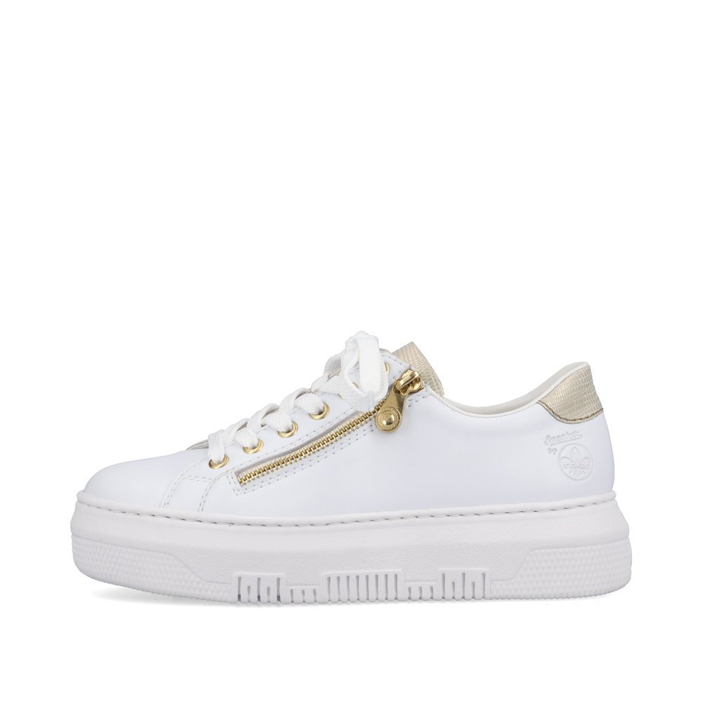 Crystal white Rieker women´s low-top sneakers M1921-80 with a zipper. Outside of the shoe.