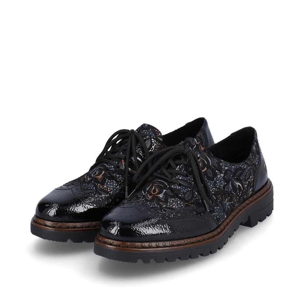 Black Rieker women´s lace-up shoes 54801-90 with a lacing as well as light sole. Shoe laterally