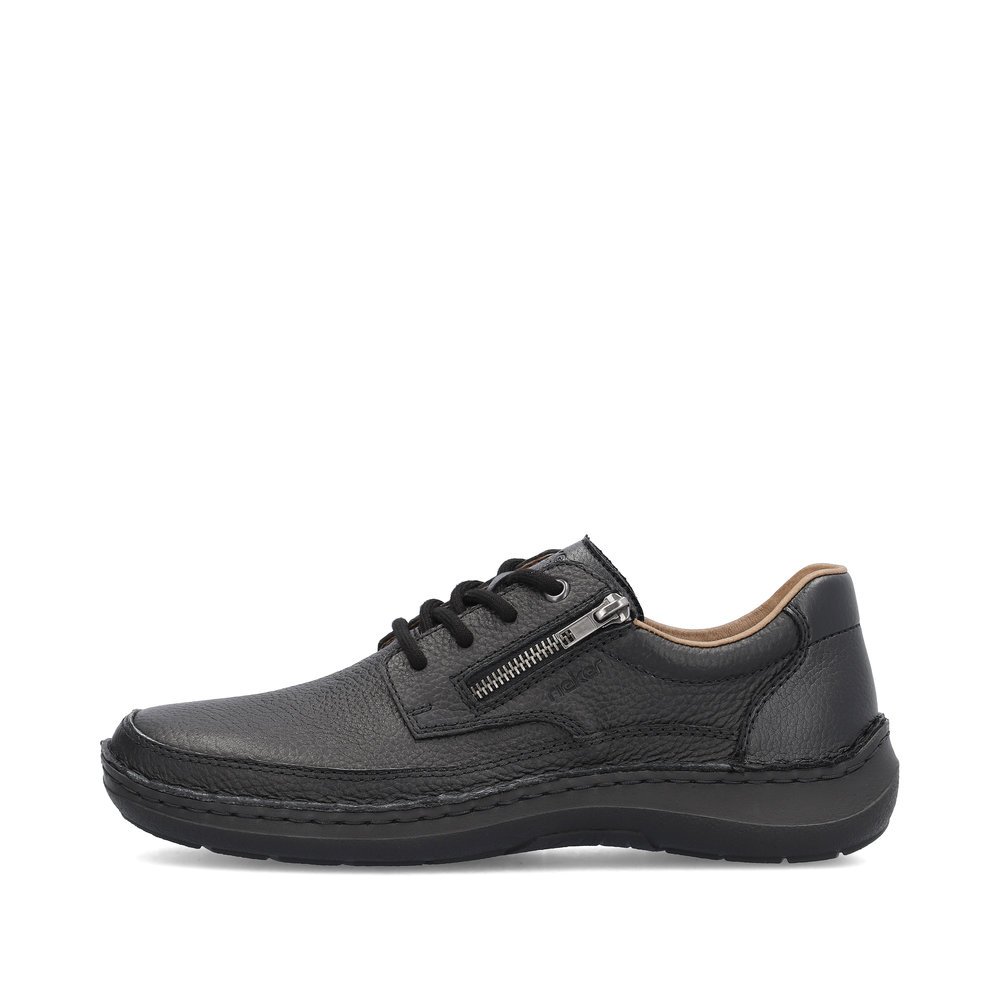 Black Rieker men´s lace-up shoes 03002-00 with zipper as well as extra width H. Outside of the shoe.