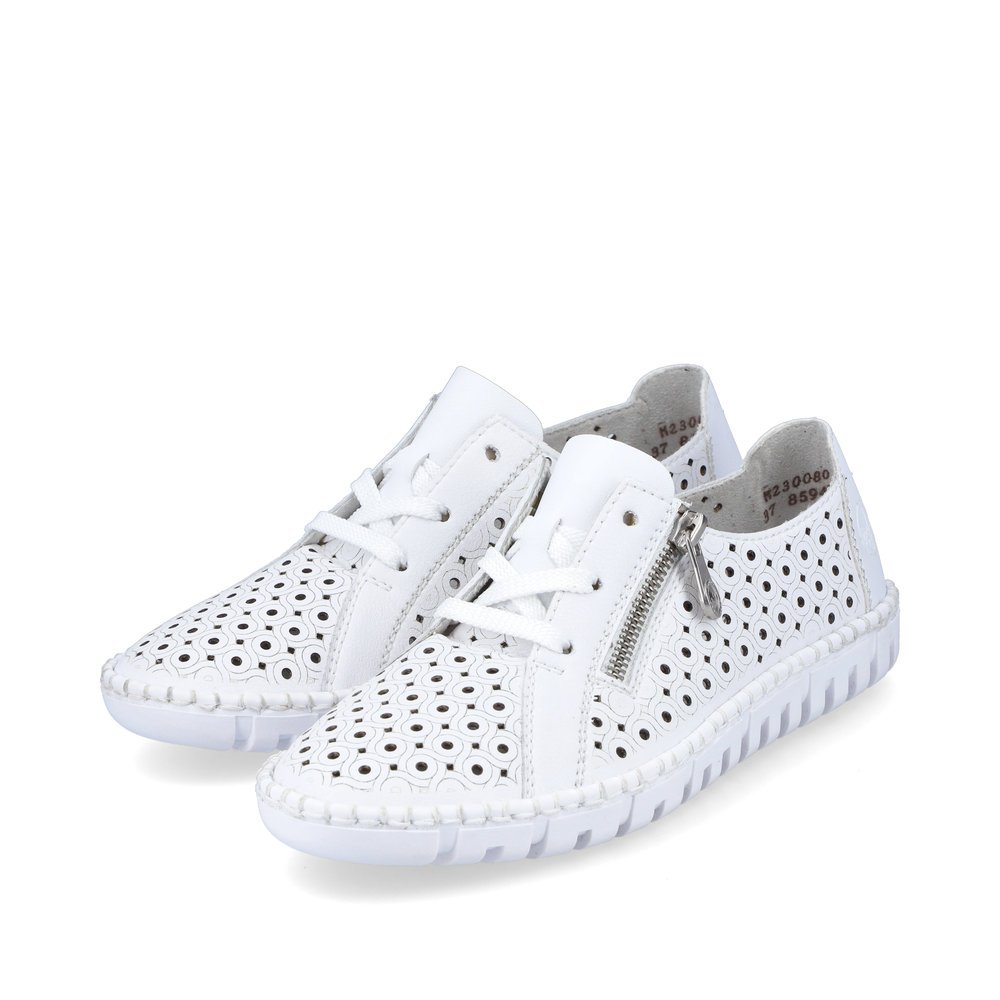 White Rieker women´s lace-up shoes M2300-80 with zipper as well as perforated look. Shoes laterally.