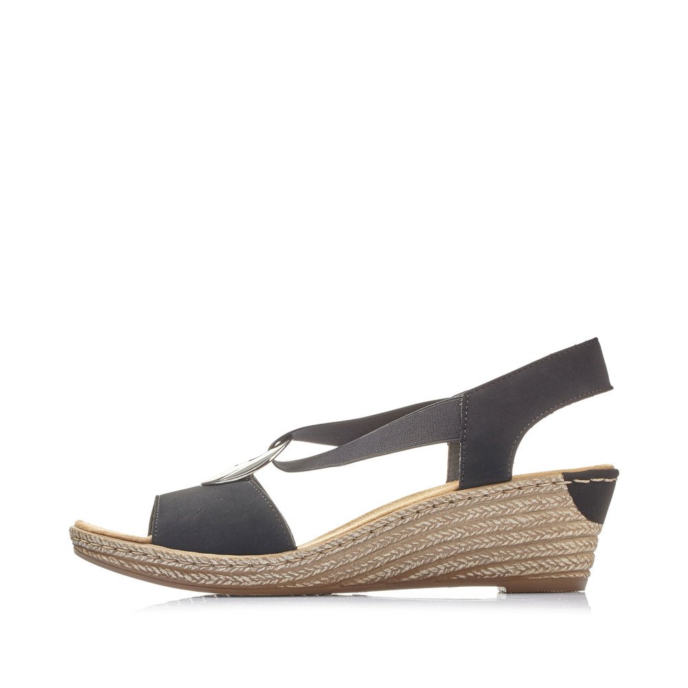 Jet black Rieker women´s wedge sandals 624H6-00 with an elastic insert. Outside of the shoe.