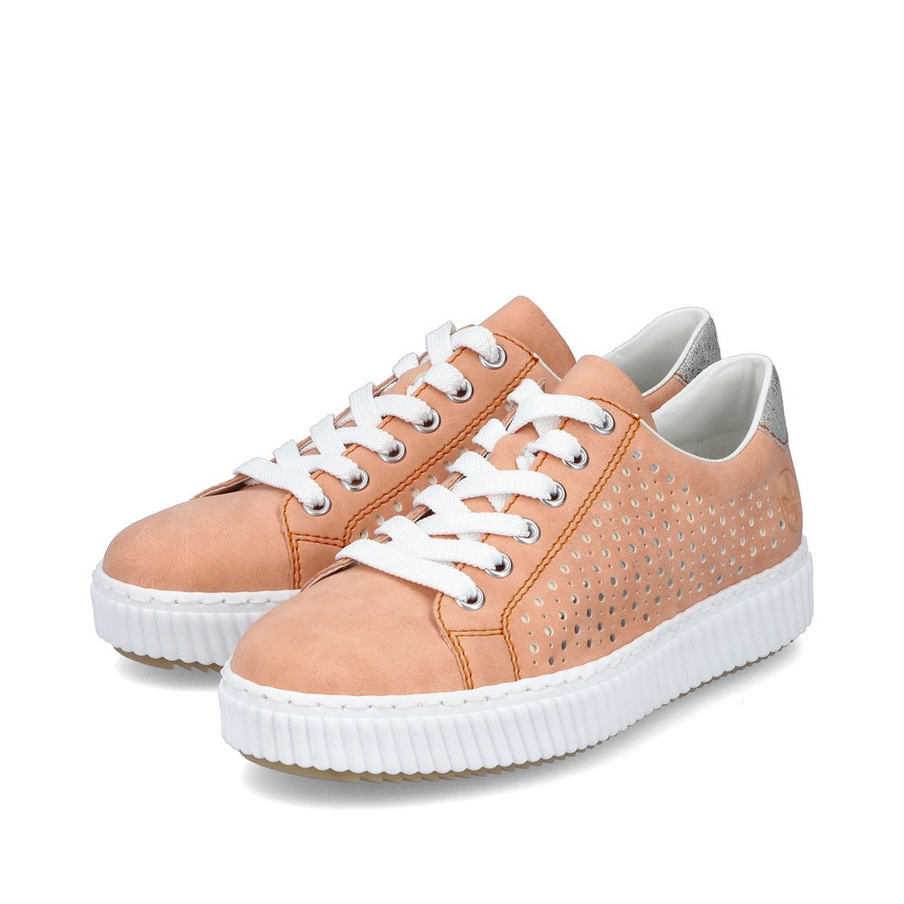 Pastel orange Rieker women´s low-top sneakers M3901-38 with lacing. Shoes laterally.