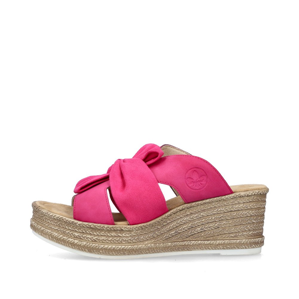 Pink Rieker women´s mules 68789-31 with decorative bow. Outside of the shoe.