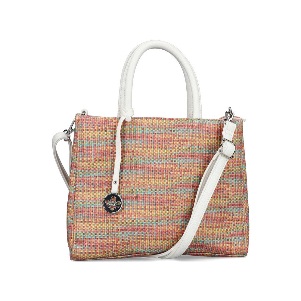 Rieker shopper H1511-92 in colorful design with fine woven pattern, no closure and detachable, adjustable shoulder strap. Front.