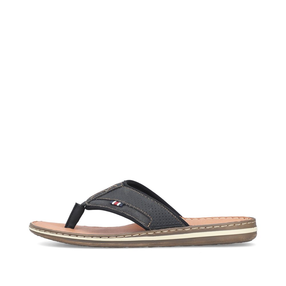 Graphite black Rieker men´s flip flops 21084-00 with decorative stitching. Outside of the shoe.