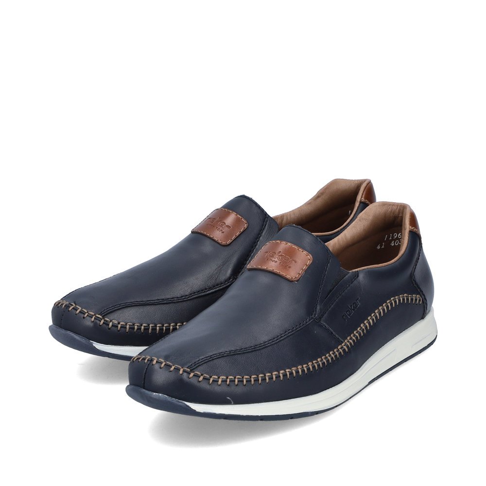 Ocean blue Rieker men´s slippers 11962-14 with an elastic insert. Shoes laterally.