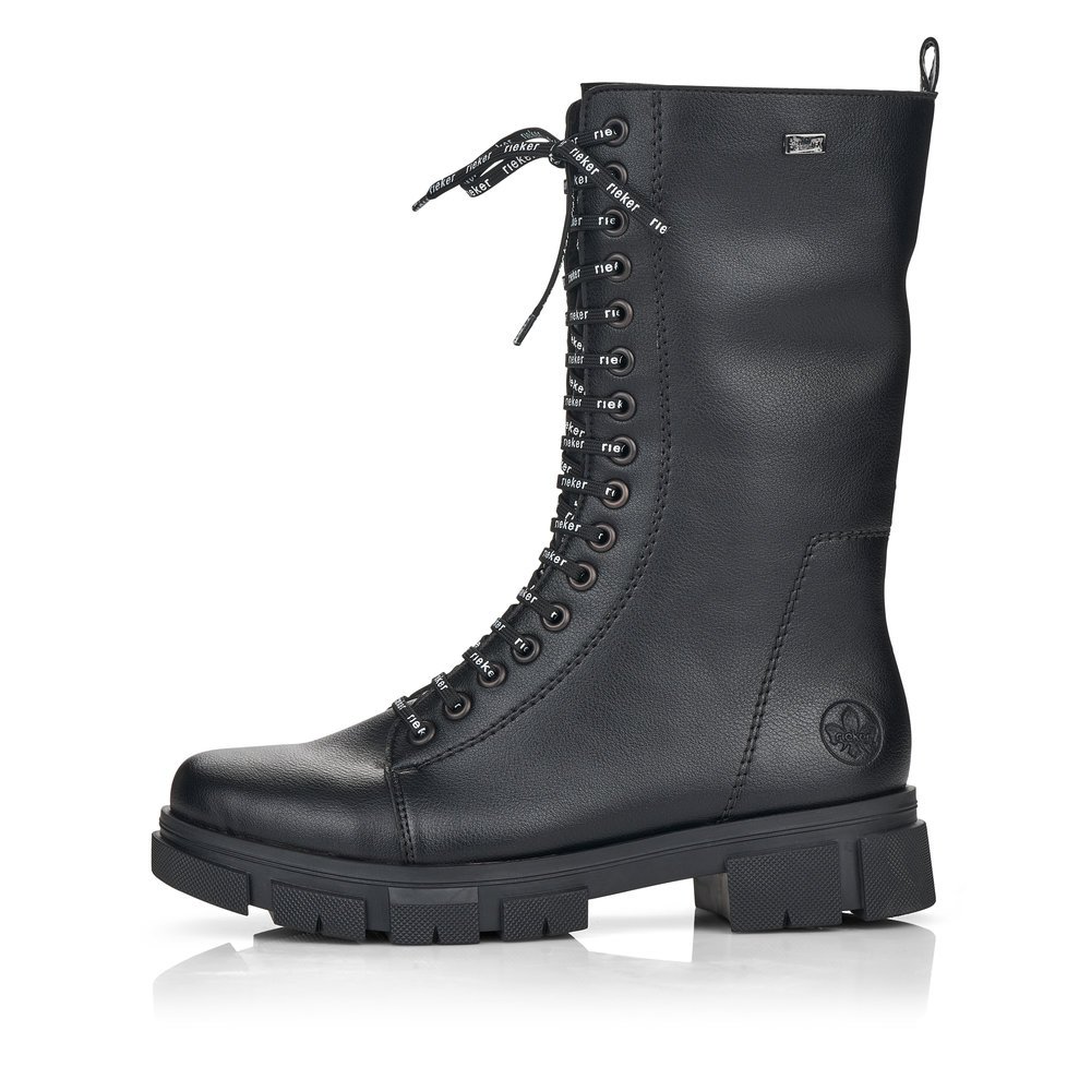 Jet black Rieker women´s biker boots Y7130-00 with lacing and zipper. The outside of the shoe