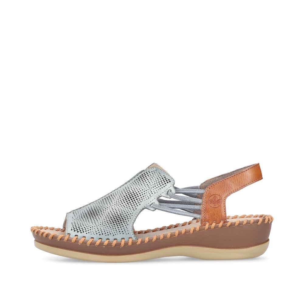 Blue-grey Rieker women´s strap sandals 61359-14 with an elastic insert. Outside of the shoe.