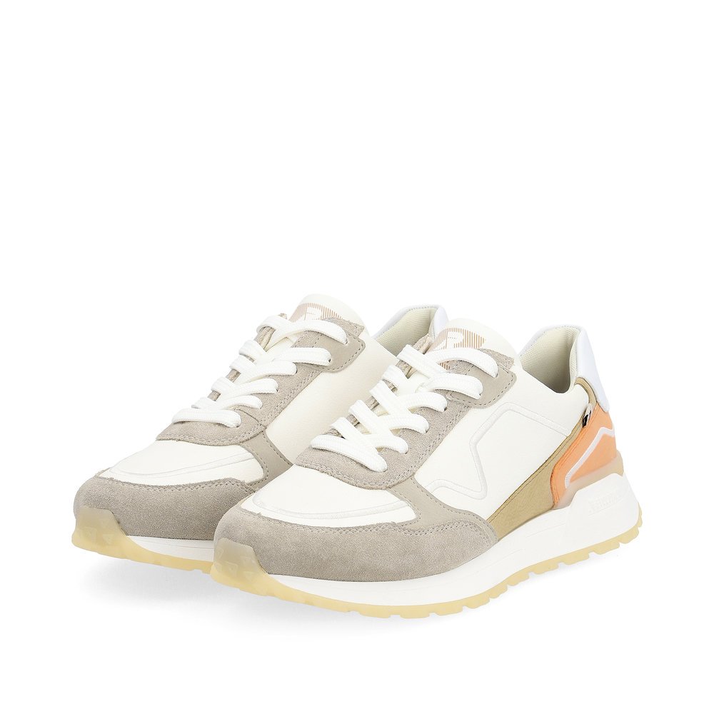 White Rieker women´s low-top sneakers W0609-81 with a grippy sole. Shoes laterally.