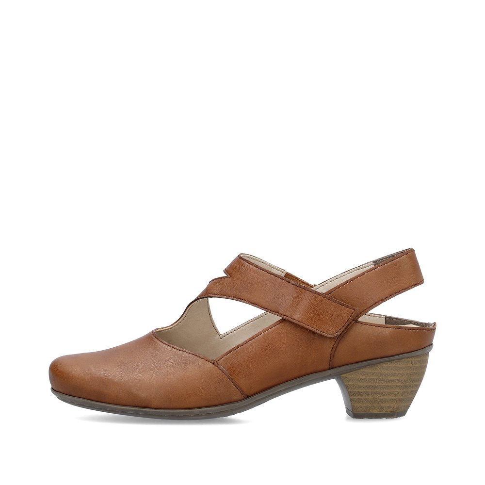 Brown Rieker women´s pumps 41779-25 with a hook and loop fastener. Outside of the shoe.