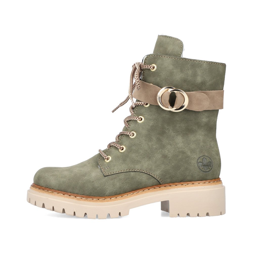 Leaf green Rieker women´s biker boots 72610-55 with shock-absorbing and light sole. The outside of the shoe