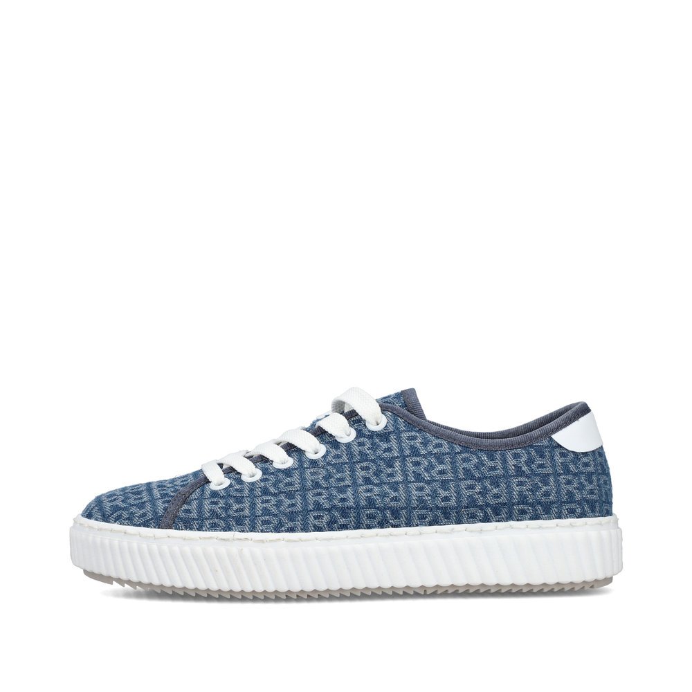 Rieker baskets basses bleues végétaliennes femmes M3926-14 avec lacets. Côté extérieur de la chaussure.