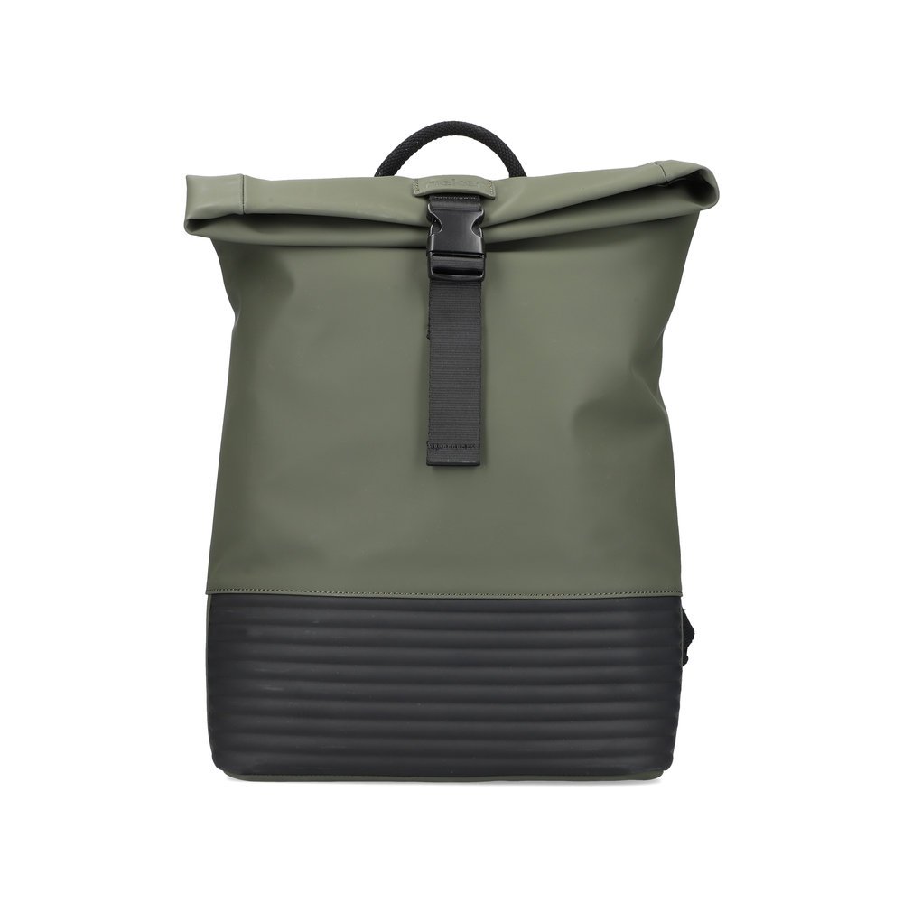 Rieker women´s backback H1426-52 in green-black made of imitation leather with zipper from the front.