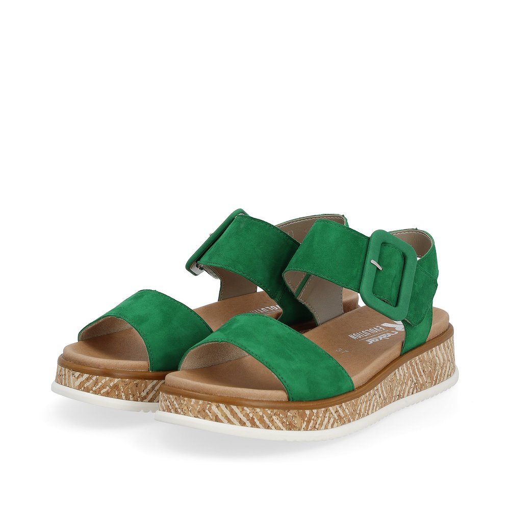 Rieker sandales à lanières vertes femmes W0800-52 avec semelle à plateau. Chaussures inclinée sur le côté.