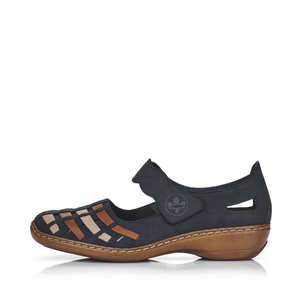 Steel blue Rieker women´s ballerinas 41369-14 with a hook and loop fastener. Outside of the shoe.