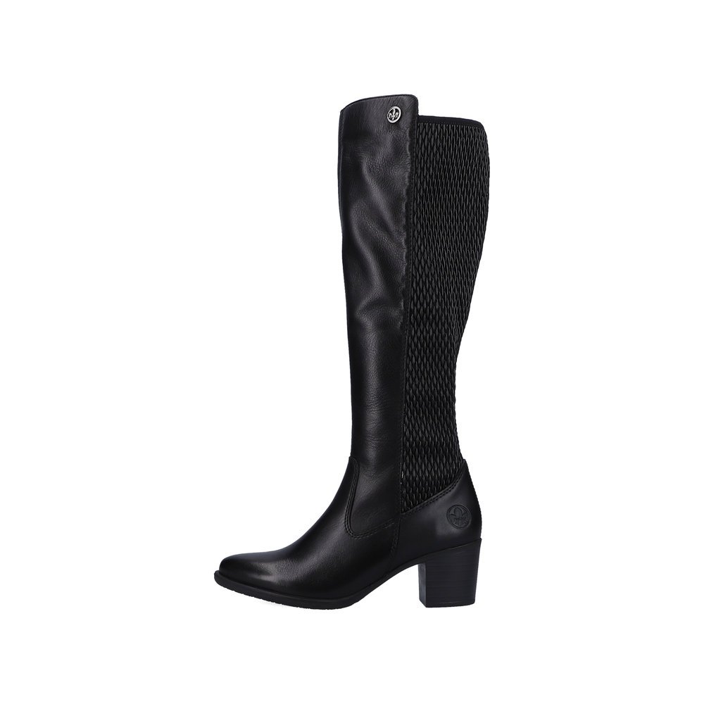 Jet black Rieker women´s high boots Y2050-00 with profile sole with block heel. The outside of the shoe