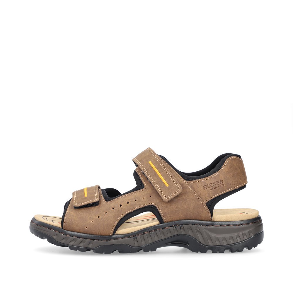 Coffee brown Rieker men´s hiking sandals 21760-24 with a hook and loop fastener. Outside of the shoe.