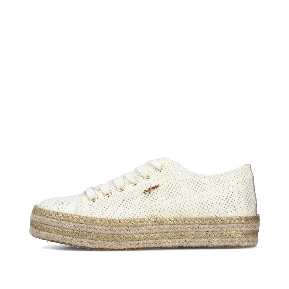 Swan white Rieker women´s lace-up shoes 94005-80 with golden eyelets. Outside of the shoe.