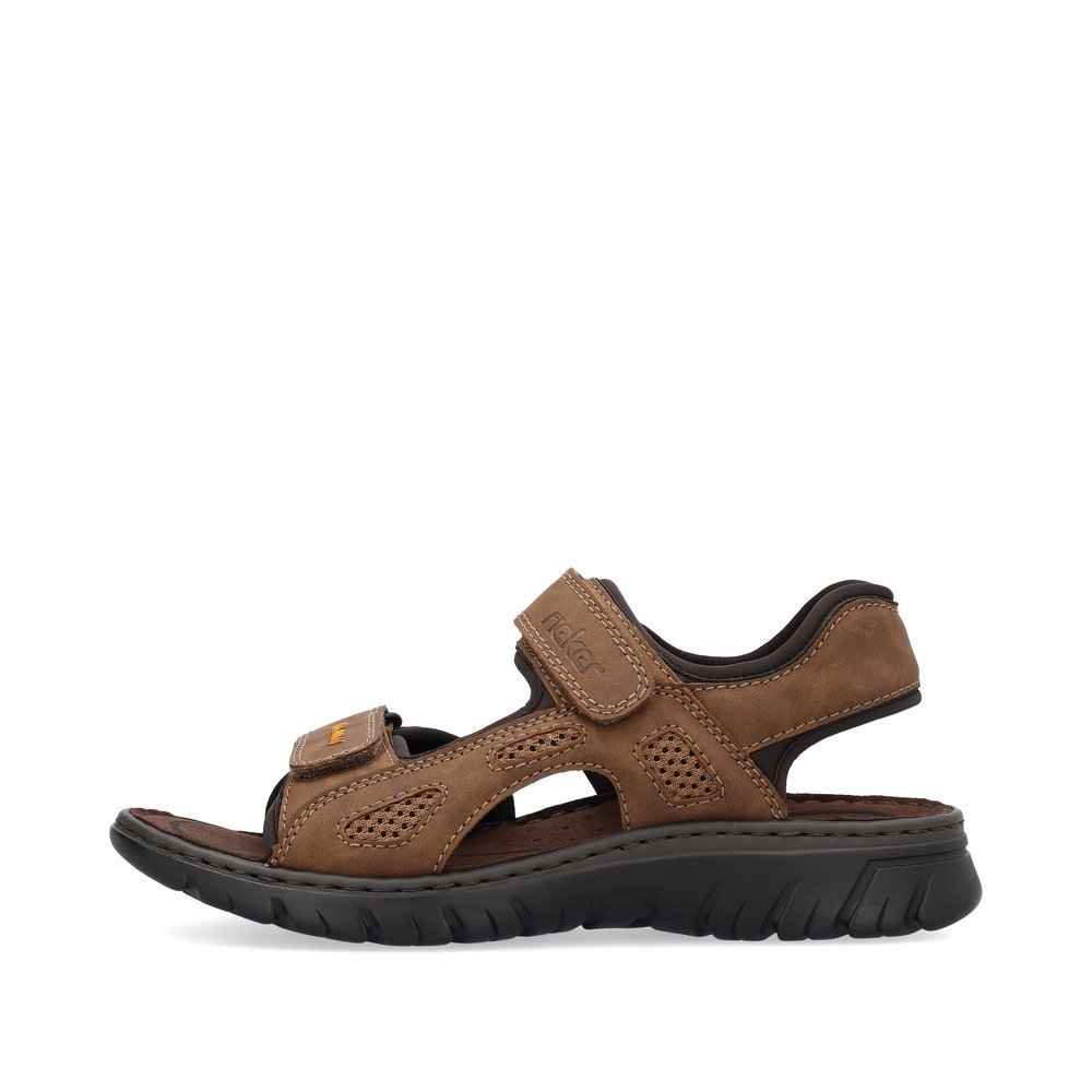 Cinnamon brown Rieker men´s hiking sandals 26761-27 with a hook and loop fastener. Outside of the shoe.