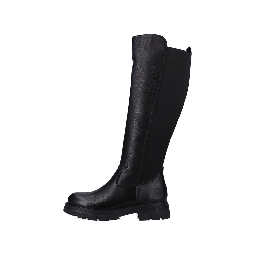 Jet black Rieker women´s high boots Z9158-00 with zipper as well as profile sole. The outside of the shoe