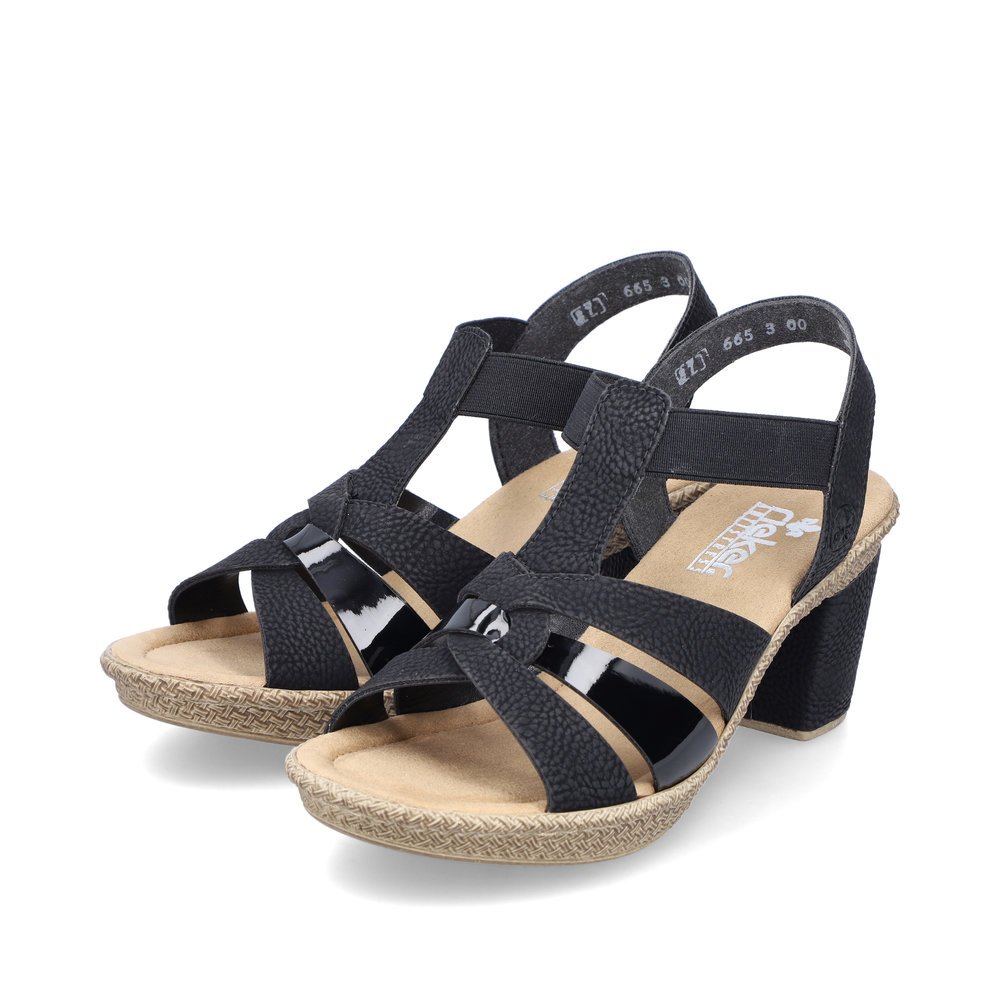 Jet black Rieker women´s strap sandals 665K3-00 with an elastic insert. Shoes laterally.