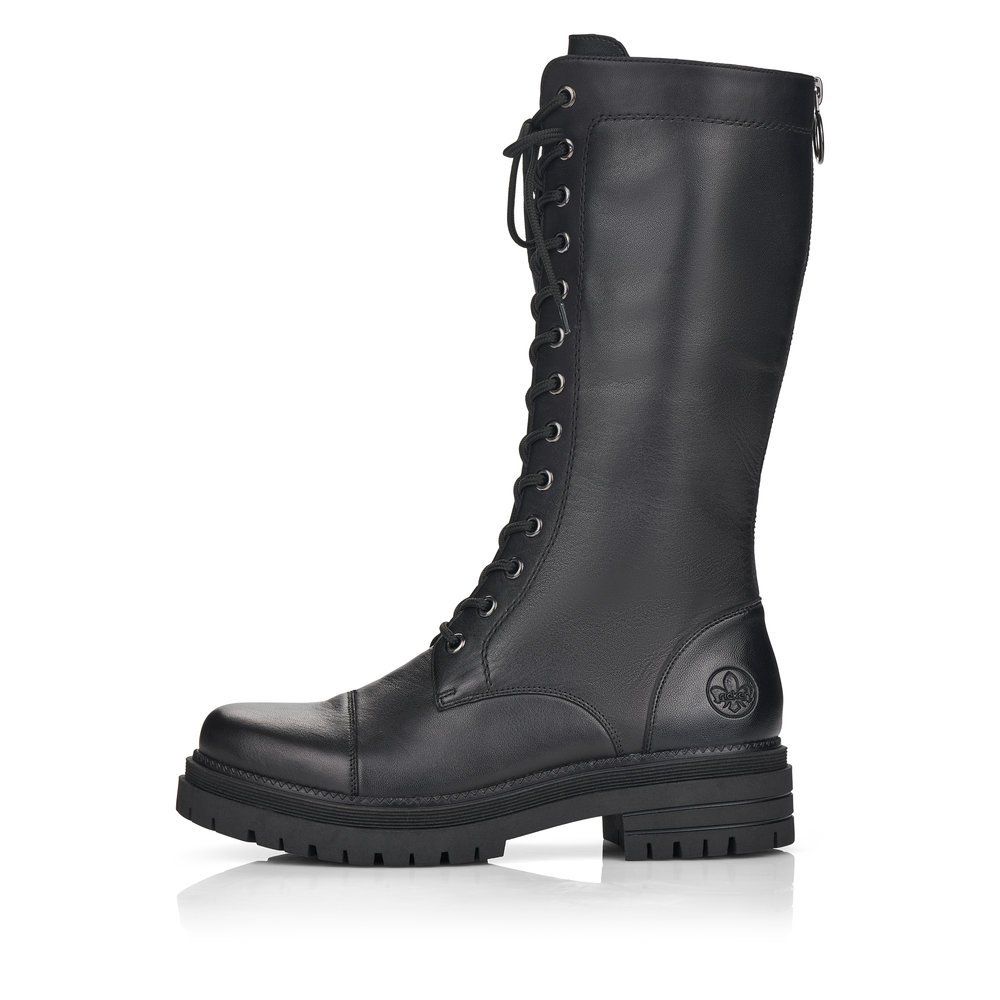 Jet black Rieker women´s high boots Y3132-00 with lacing and zipper. The outside of the shoe