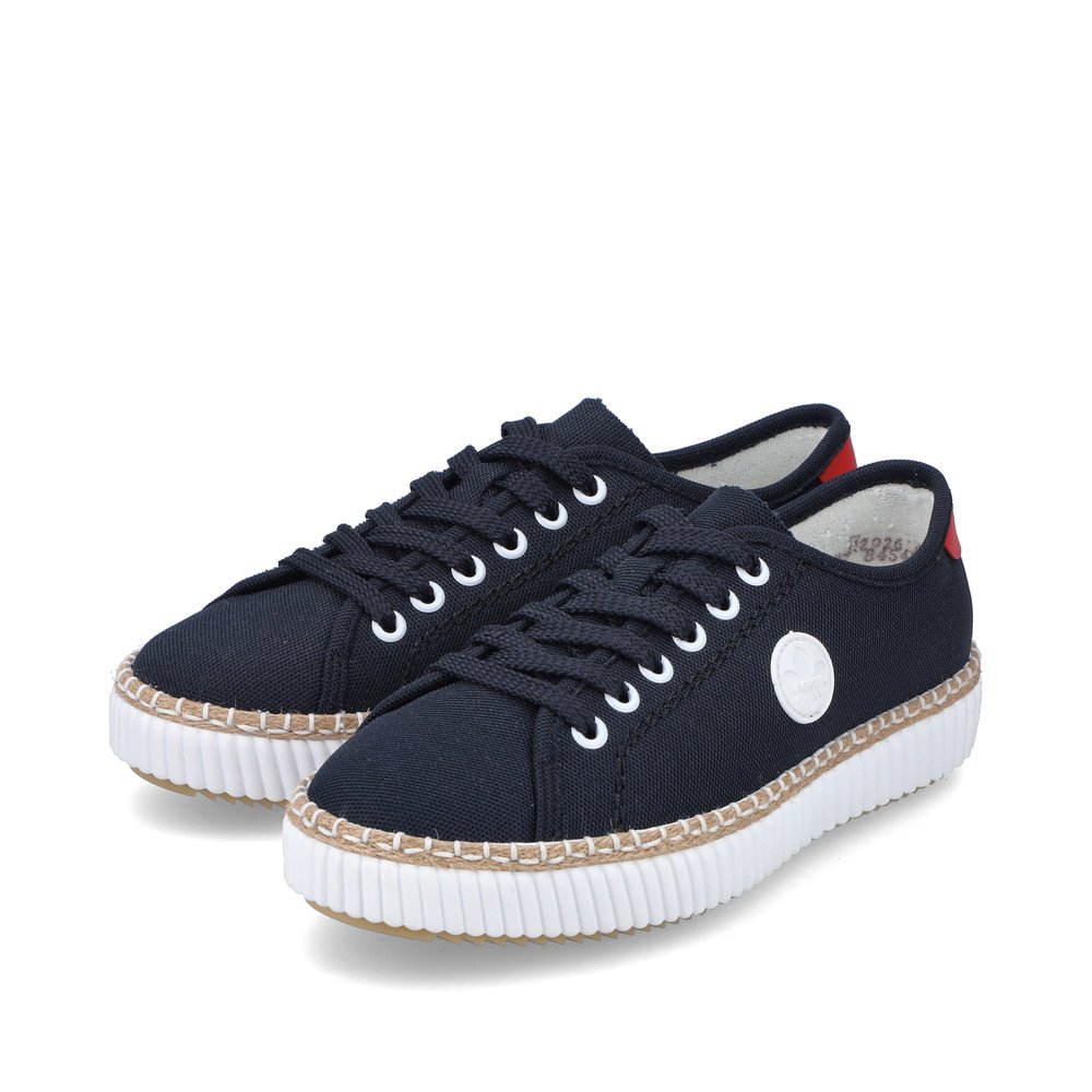 Blue Rieker women´s low-top sneakers M2926-14 with lacing as well as embossed logo. Shoes laterally.