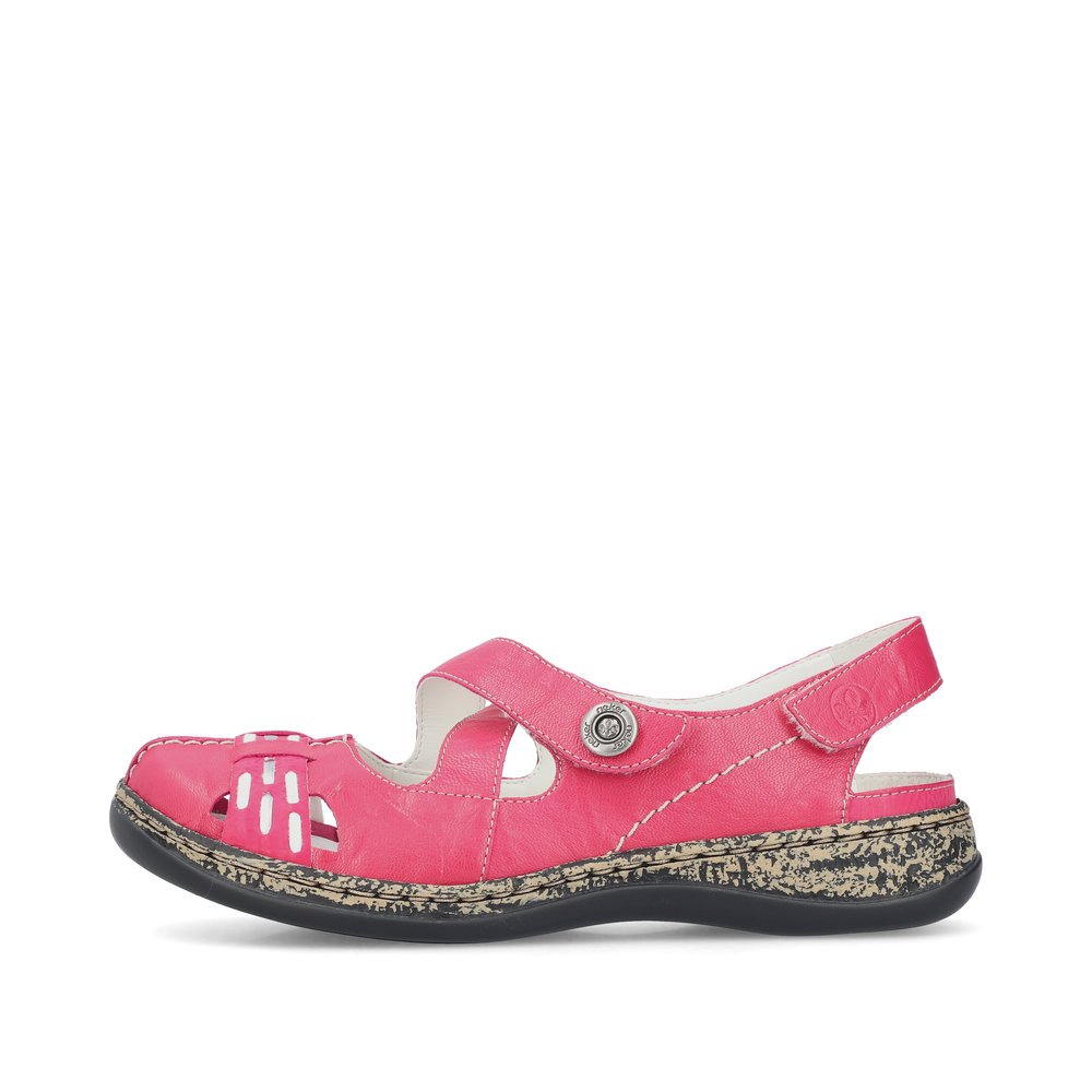 Rieker ballerines roses pour femmes 46377-31 avec une fermeture velcro. Côté extérieur de la chaussure.