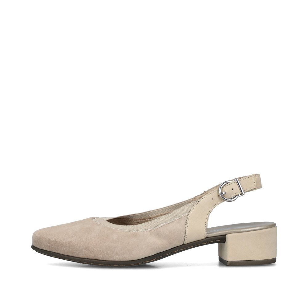 Champagne-colored Rieker women´s slingback pumps 47063-60 with a buckle. Outside of the shoe.