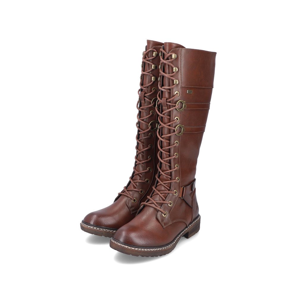 Chocolate brown Rieker women´s high boots 94732-24 with robust profile sole. Shoe laterally