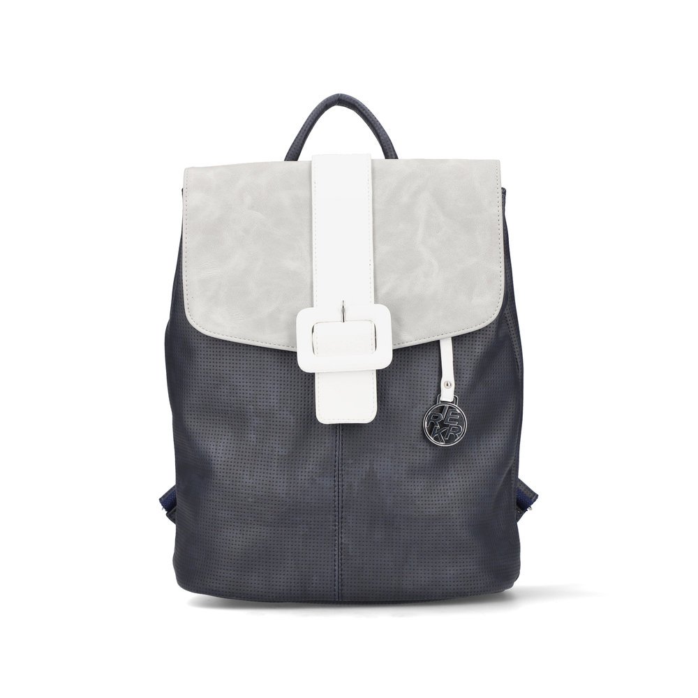 Rieker backpack H1069-14 in blue with zipper, decorative buckle and laptop pocket. Front.