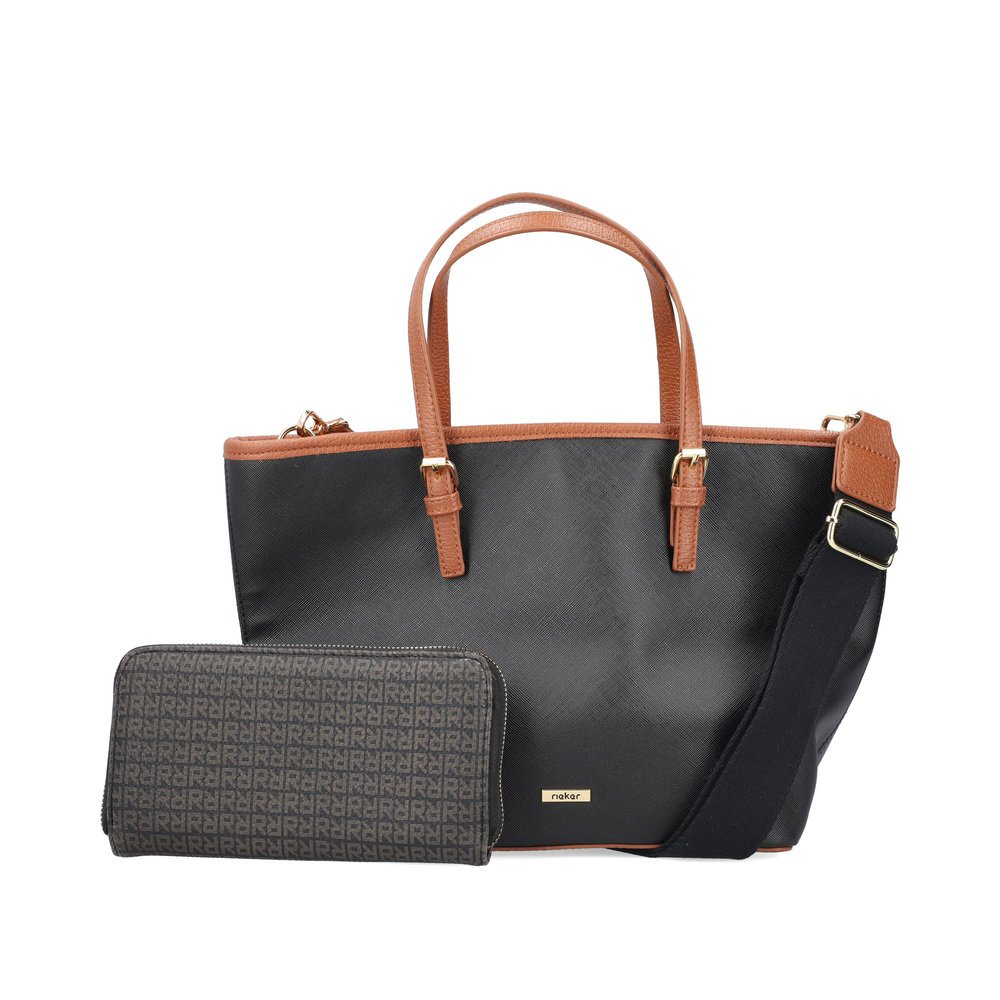 Rieker women´s shopper H1543-00 in black made of imitation leather with zipper from the front.