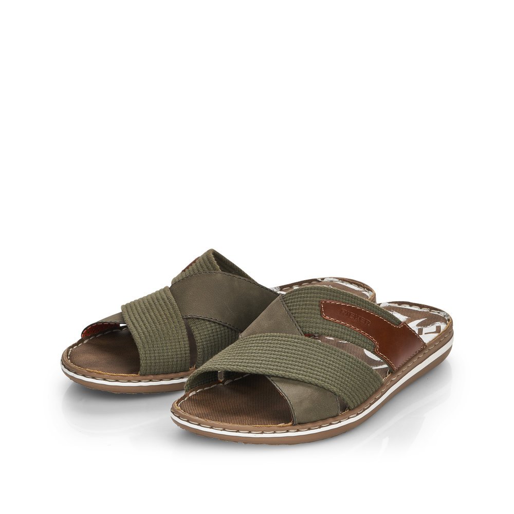Olive green Rieker men´s mules 21066-54 with comfort width G as well as light sole. Shoes laterally.