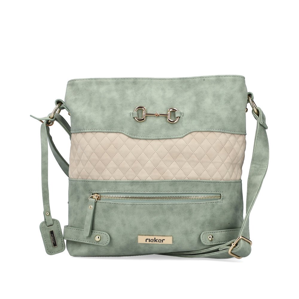 Rieker shoulder bag H1517-52 in green with quilted stripe in diamond pattern on the front and two separate main pockets. Front.