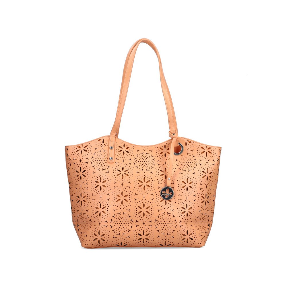 Rieker shopper H1369-38 in orange with floral pattern and zipper. Front.