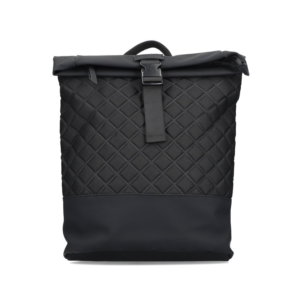 Rieker backpack H1550-01 in black with practical roll-top, zipper and buckle as well as a 14" laptop pocket. Front.