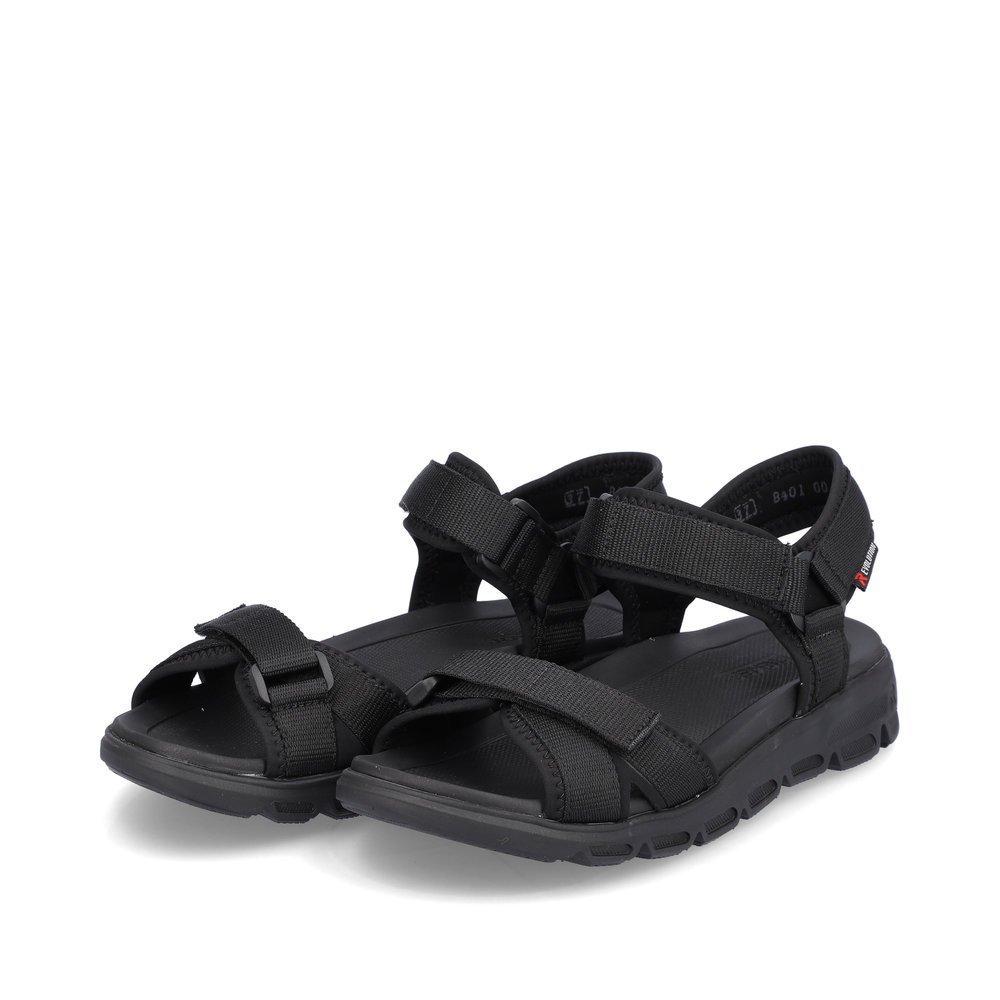 Black washable Rieker women´s hiking sandals V8401-00 with a flexible sole. Shoes laterally.