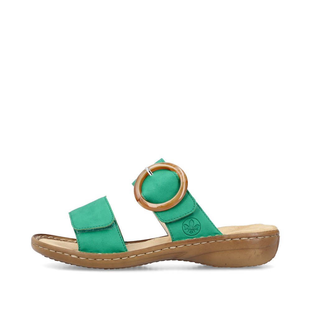 Grass green Rieker women´s mules 60894-52 with a hook and loop fastener. Outside of the shoe.
