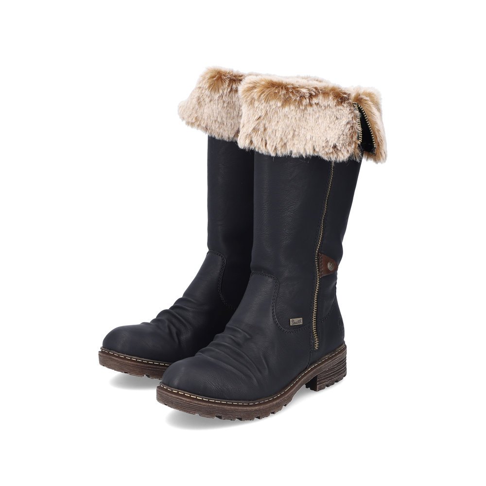 Night black Rieker women´s high boots Z4751-00 with zipper as well as profile sole. Shoe laterally