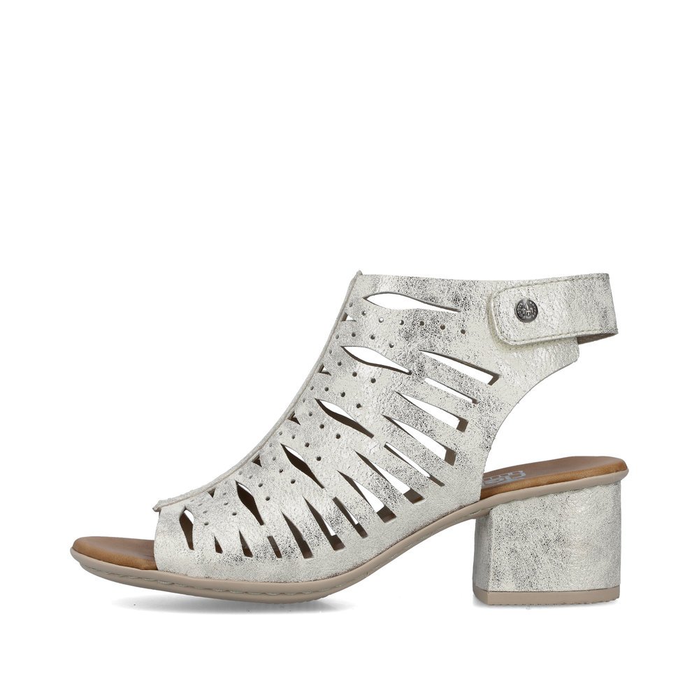 Silver Rieker women´s strap sandals 64676-60 with a hook and loop fastener. Outside of the shoe.