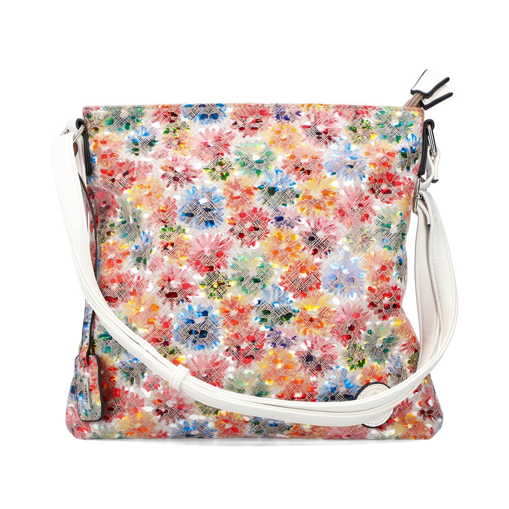 Rieker shoulder bag H1033-93 in colorful design with zipper and a floral design. Front.