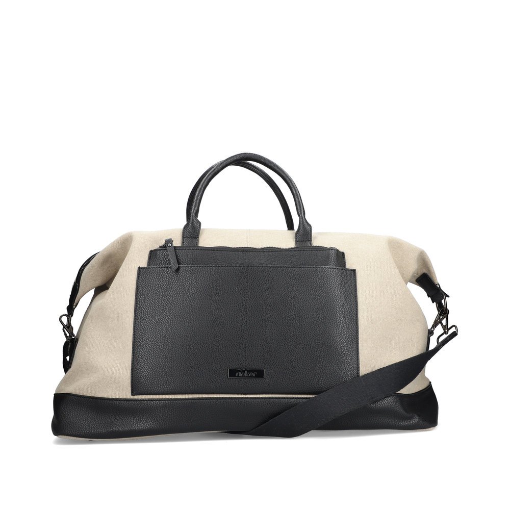 Rieker weekender H1537-60 in beige and black with zipper, practical outer pocket and detachable shoulder strap. Front.