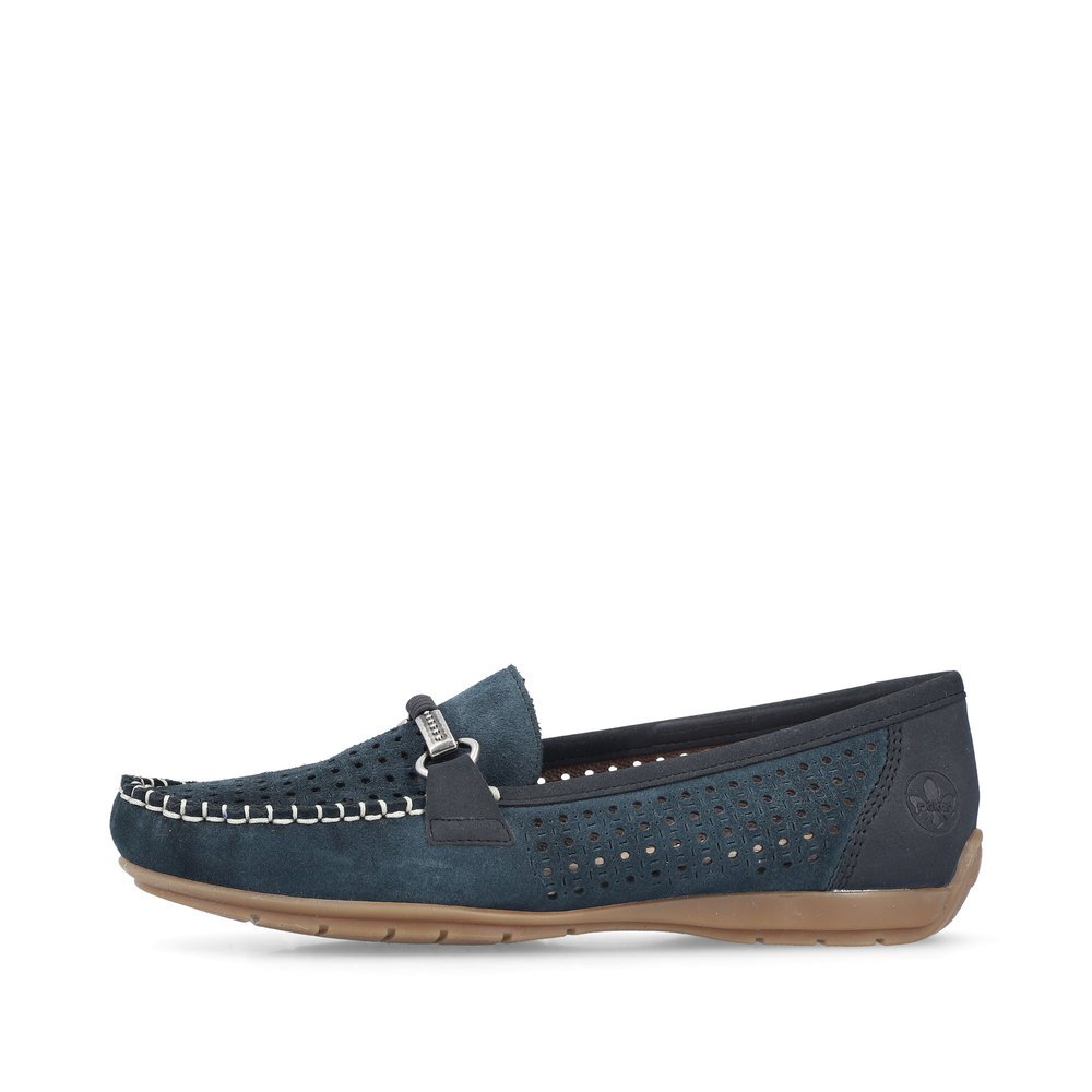 Rieker mocassins bleus pour femmes 40253-14 en optique à trous. Côté extérieur de la chaussure.