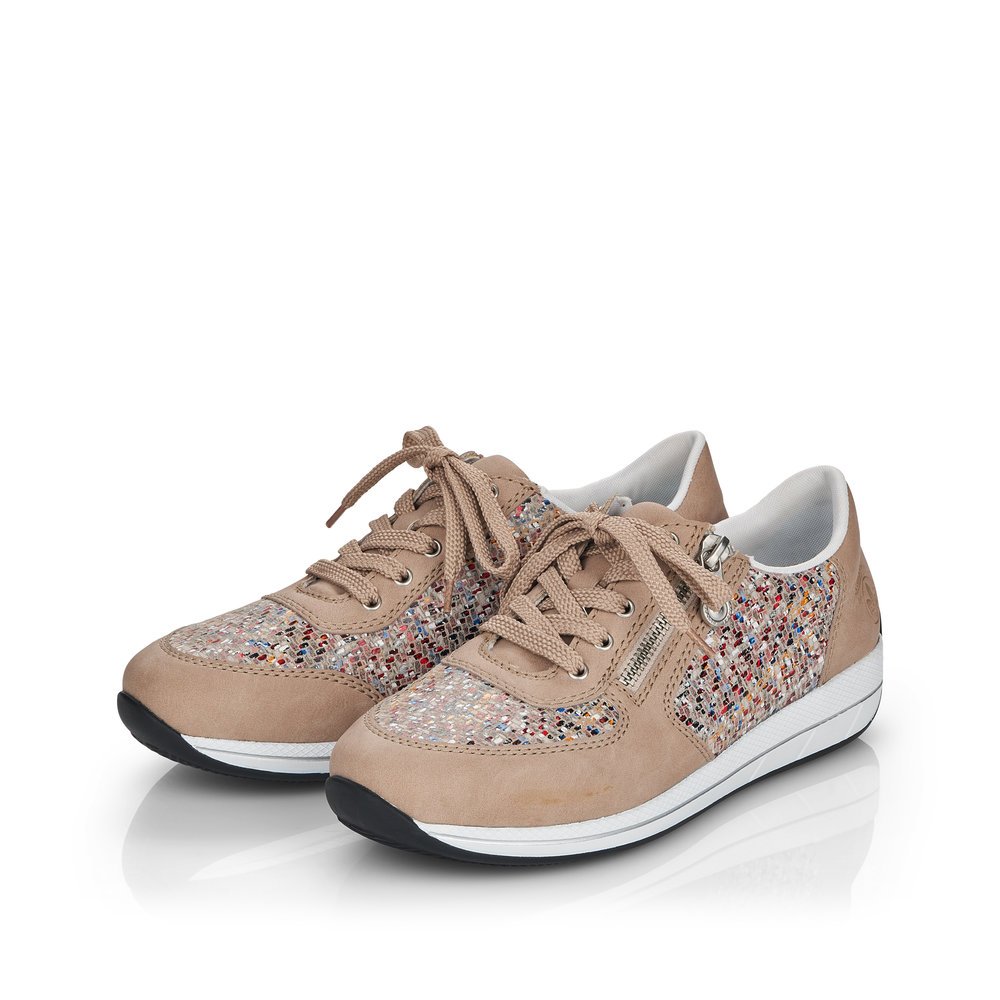 Sand beige Rieker women´s low-top sneakers N1112-62 with a zipper. Shoes laterally.